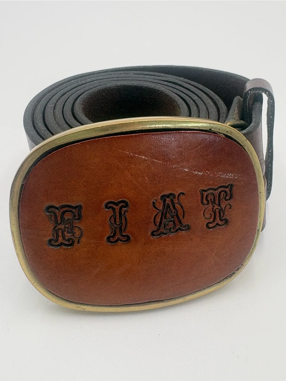 Vintage FIAT Solid Brass Buckle Genuine Cowhide Embossed Leather Belt Italy 74
